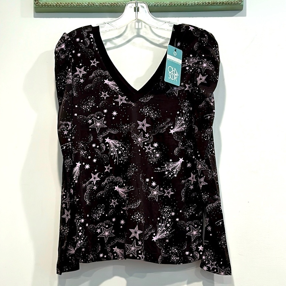 CHASER Plunging V puff shoulder long sleeve stardust galaxy print T-shirt small
